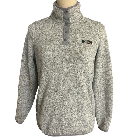 LL Bean Women’s Fleece Pullover SP Gray Heather Snap Front Sweater Knit Jacket - Picture 1 of 8